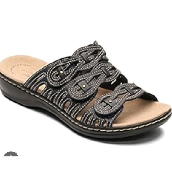 Clarks Leisa Faye Black Leather Triple Strap Slide Sandals Women’s 9 GUC - Picture 1 of 10